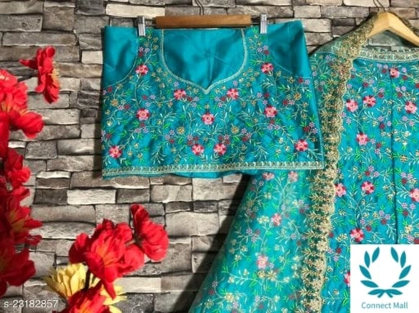 Beautiful Semi Stitched  lehenga Choli - Free Size, Sky Blue, Satain Dupatta Fabric : Net, Embroidered, Multipack :1